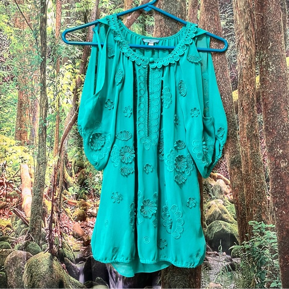 Anthropologie Leifnotes Teal Turquoise Green blouse top floral flowers - Picture 8 of 11